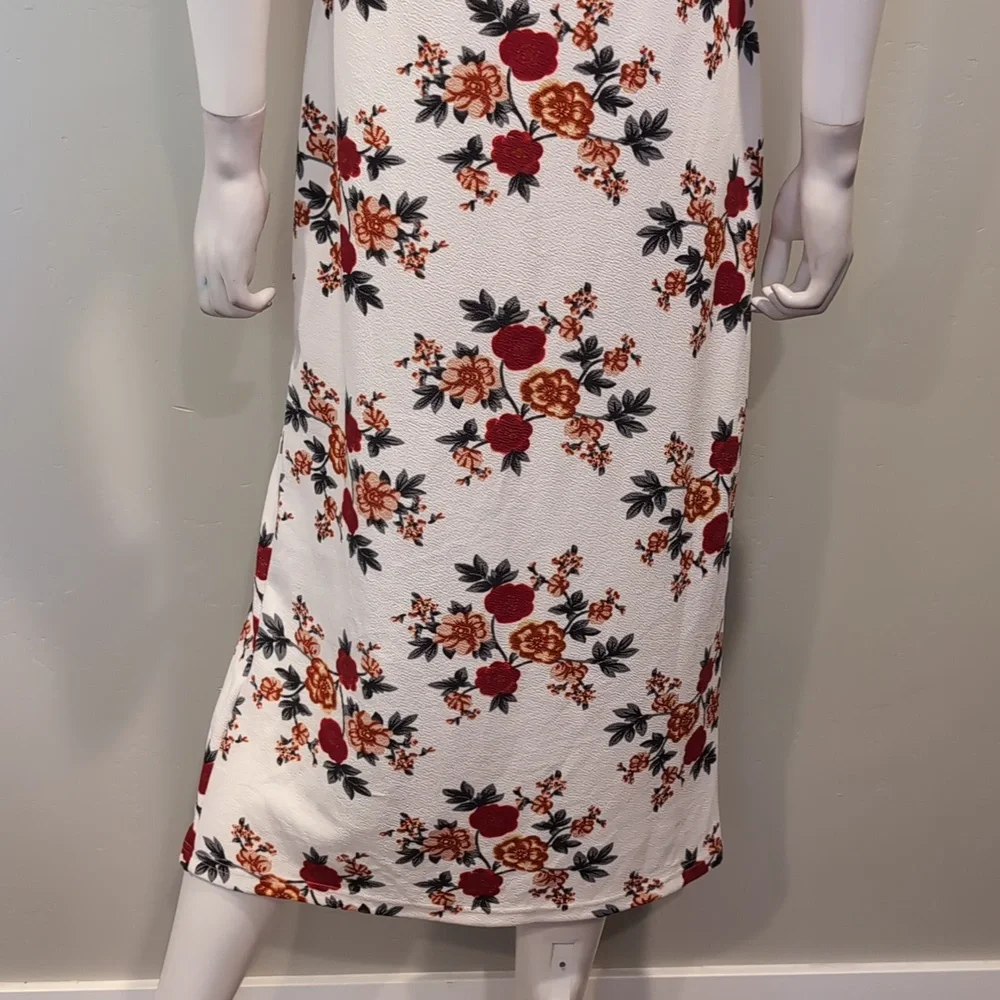 SHEIN White And Red Floral Square Neck Short Sleeve Slit Front Midi Dress XXL